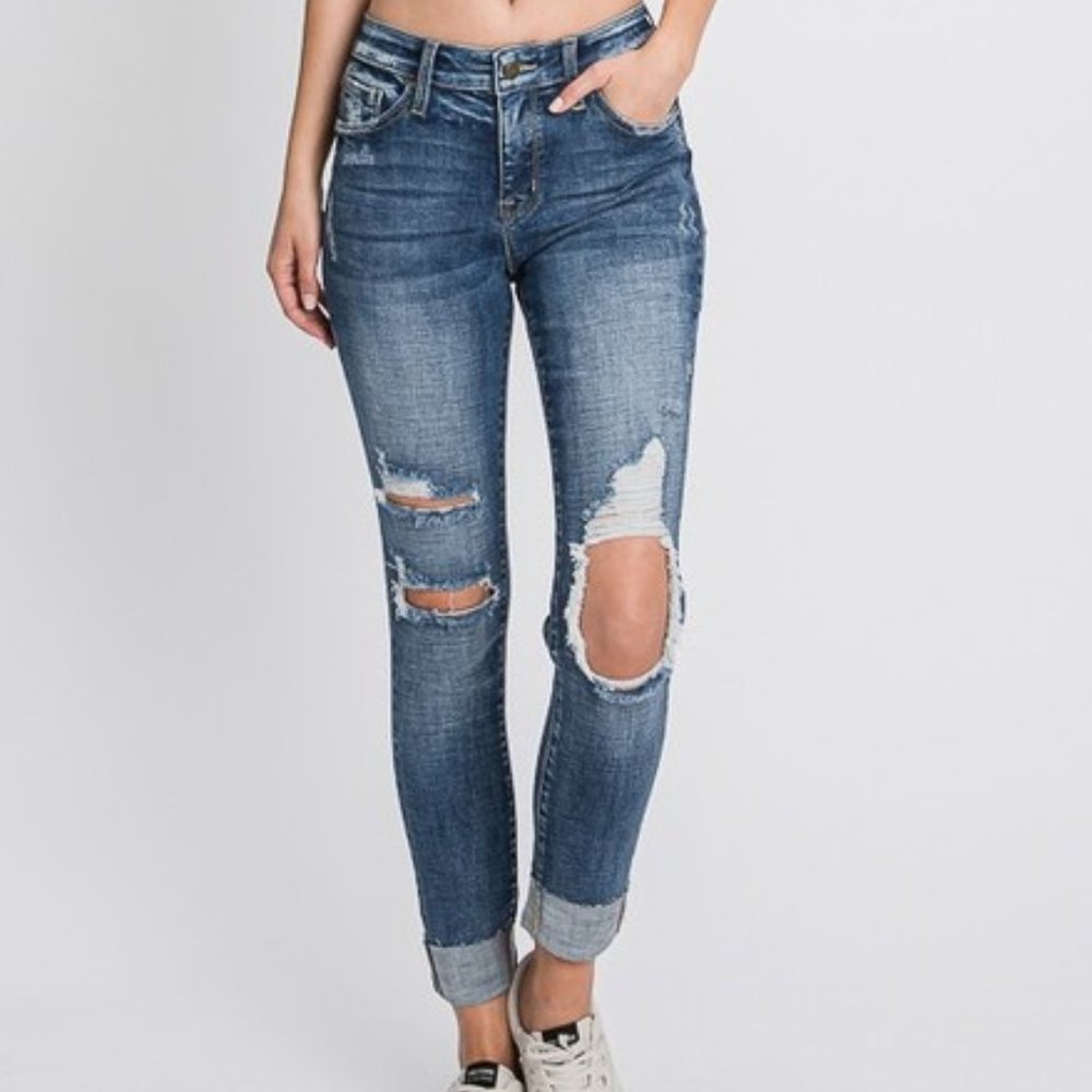 Stretch Skinny Distressed Jeans w/ Cuffed Hem